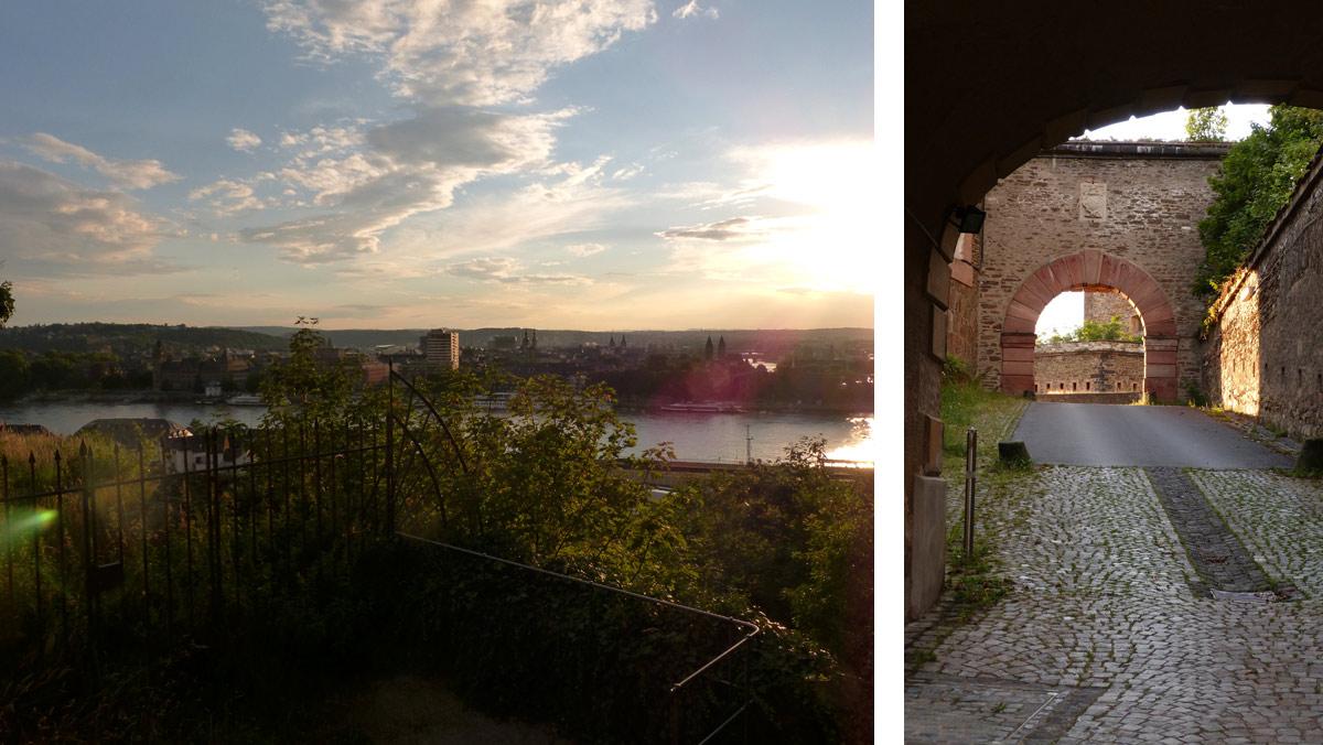 Aussicht auf die Stadt Koblenz vom Baubüro General Asters und der Felsenweg zum Helfenstein